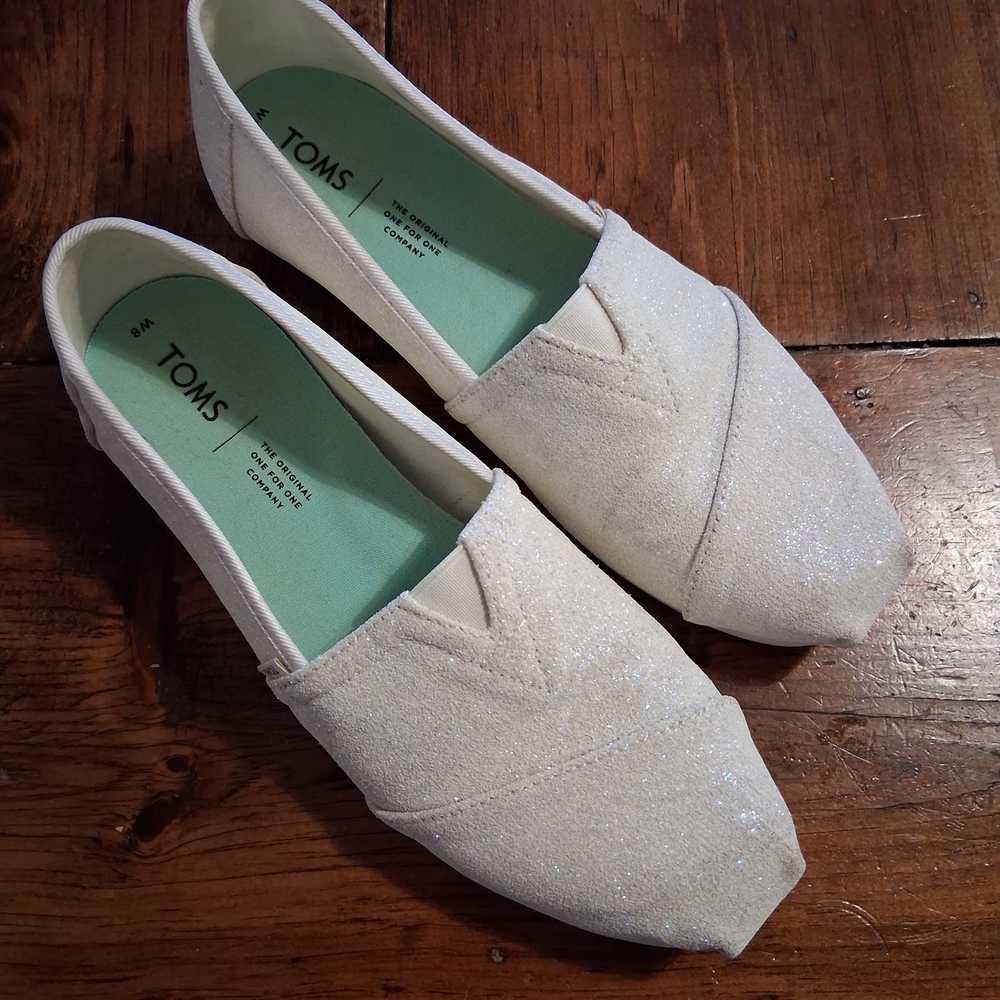 TOMS Women's White Glitter Classic Alpargata Slip-On Shoes